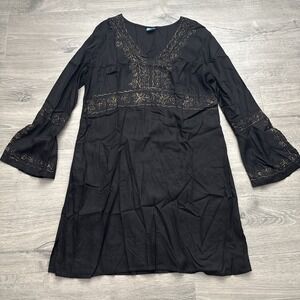 Soaked Dress L Black Embroidered Bib Hippie Boho V-Neck Peasant Coverup Viscose